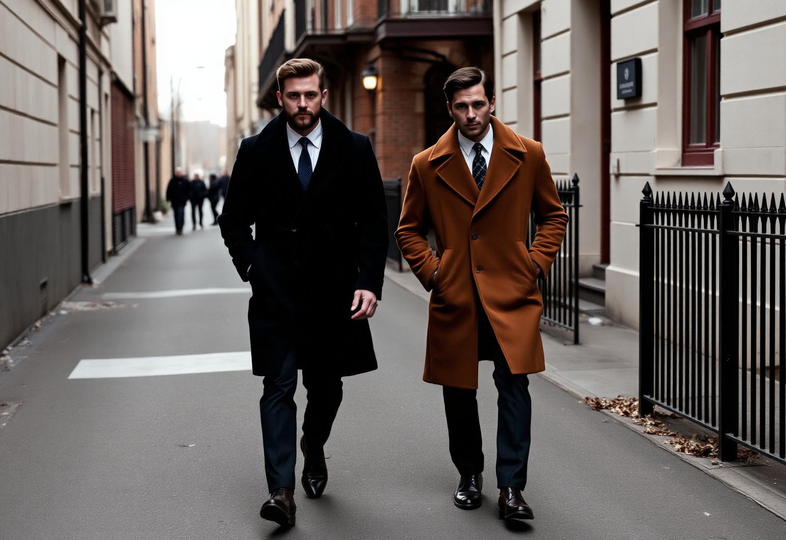 Model wearing a charcoal overcoat